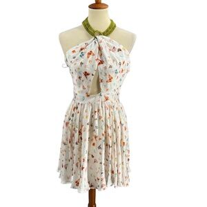My Beachy Side Mini Dress Butterfly Halter Cutout Front Beaded Neck White M New